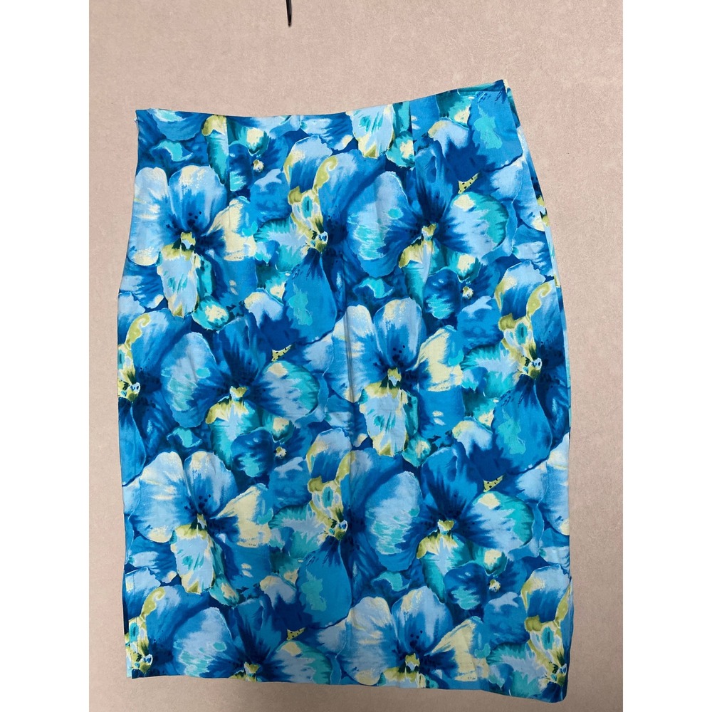 B Moss Company Blue Floral Pencil Skirt Stretch Cotton Blend Size Medium USA